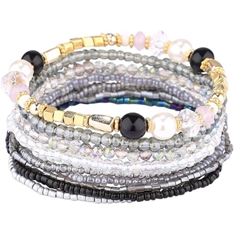 Boho White Black Gold Multilayer Breaded Wrap Bracelets
